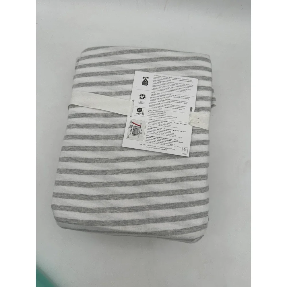 POTTERY BARN TEEN FAVORITE TEE STRIPED ORGANIC SHEET SET, TWIN ~ GRAY/WHITE